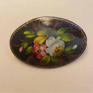 Vintage Hand Painted Floral Russian Black Lacquer Oval Floral Brooch Signed